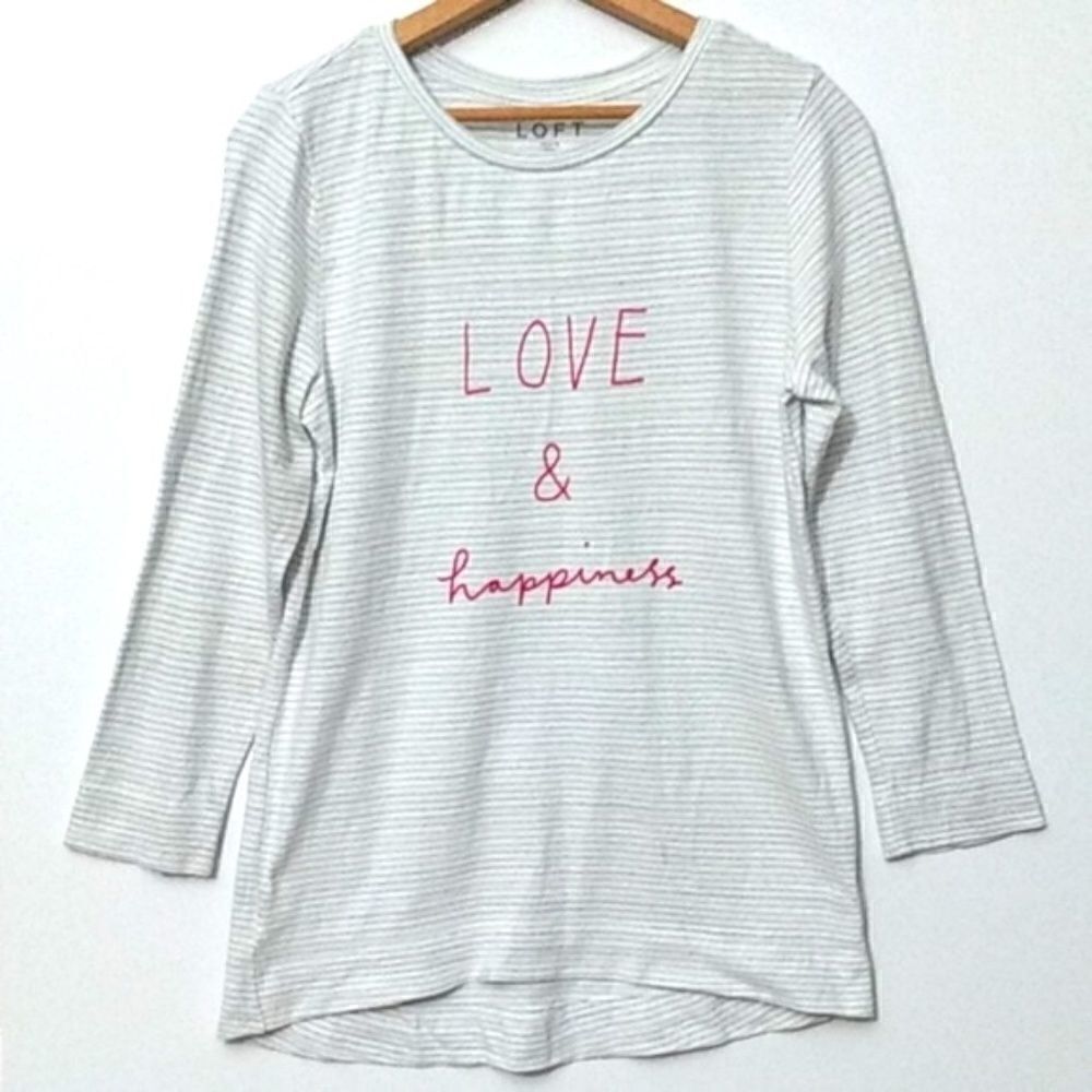 LOFT "Love & Happiness" White Striped Tee - S‎
